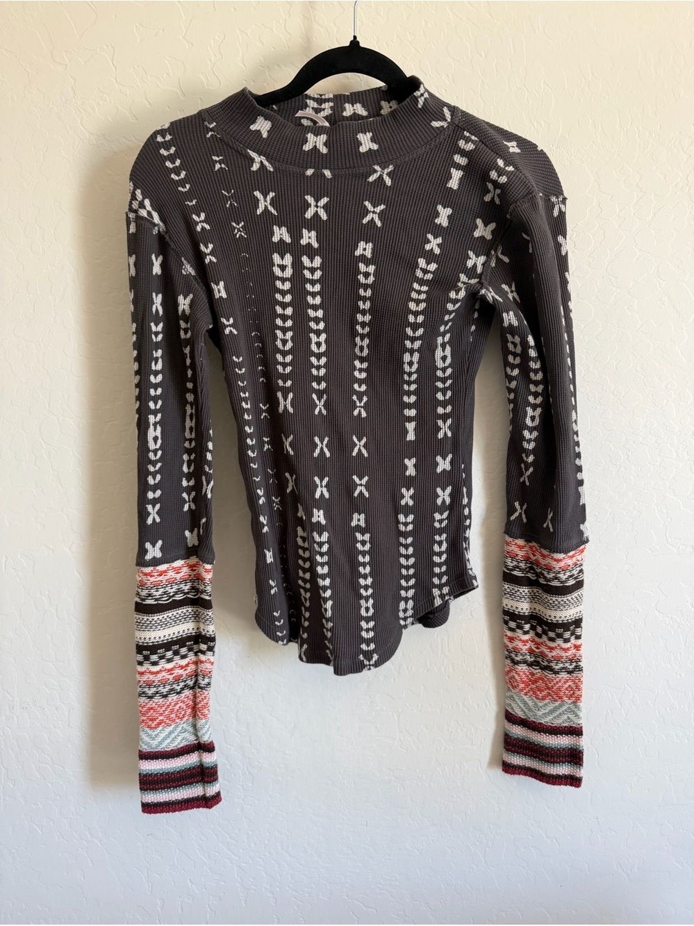 Free People Gray Patterned Cowl-Neck Sweater with Multicolor Sleeve Accents M